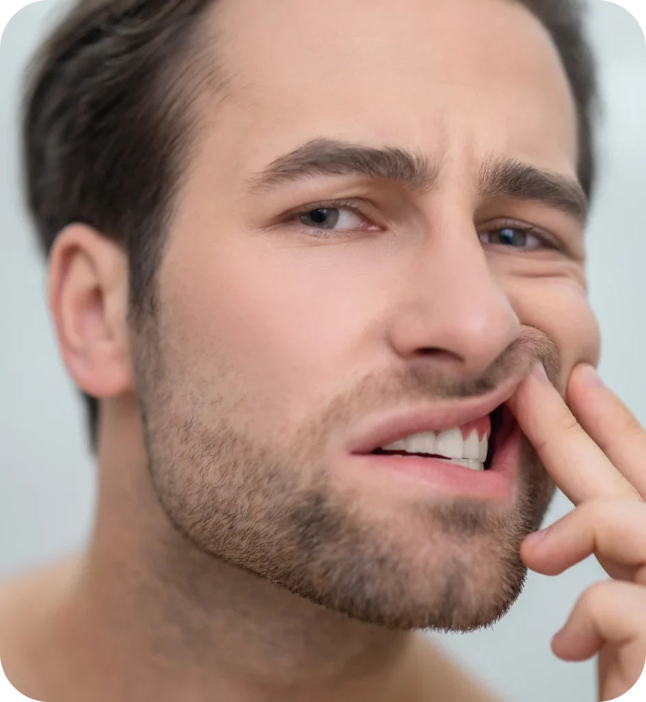 A man pulls up his cheek with his fingers, revealing his teeth. He has a concerned expression on his face, suggesting he is examining or experiencing discomfort in his mouth.
